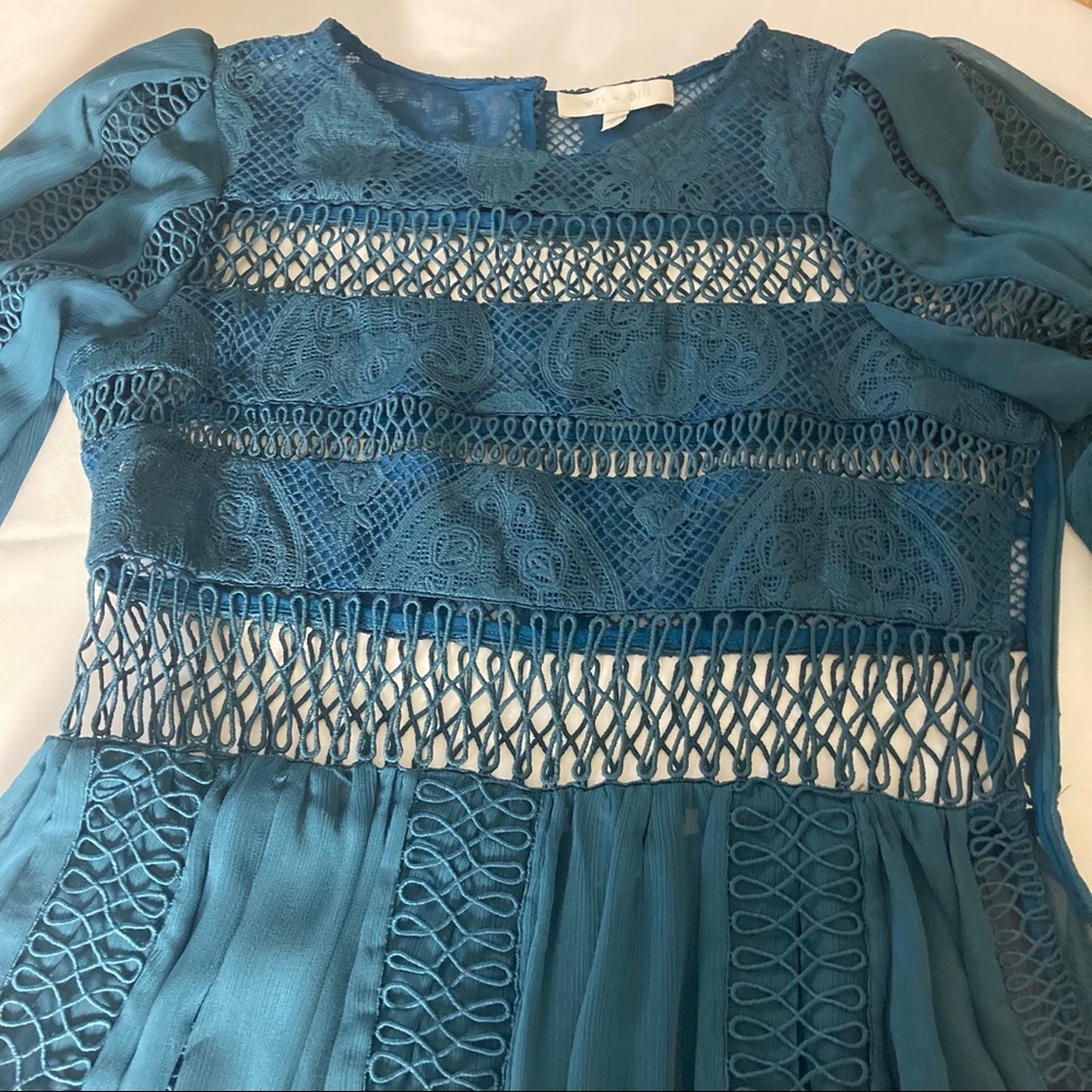 Eri + Ari Teal Chalene Lace Skater Sheer Embroidered Dress Long Sleeve - Picture 12 of 14